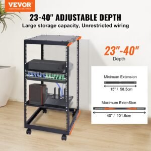 20U Open Frame Server Rack, 15''-40'' Adjustable Depth, Free Standing Or Wall Mount Network Server Rack, 4 Post AV Rack With Casters, Holds All Your Networking IT Equipment AV Gear Router Modem - Image 5