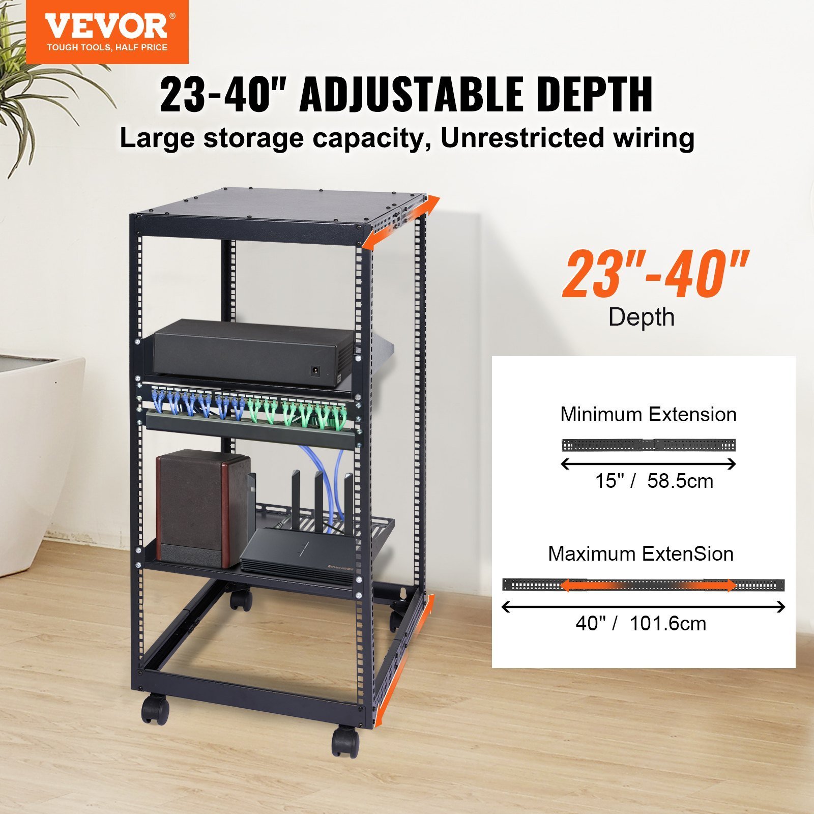 20U Open Frame Server Rack, 15''-40'' Adjustable Depth, Free Standing Or Wall Mount Network Server Rack, 4 Post AV Rack With Casters, Holds All Your Networking IT Equipment AV Gear Router Modem - Image 5
