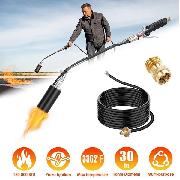 180,000 BTU Propane Weed Torch Heavy Duty Weed Burner Flame Weeder With 10FT Hose Piezo Ignition Adjustable Flame Control For Weeds Ice Snow Asphalt Fire Starting Propane Tank Not Included