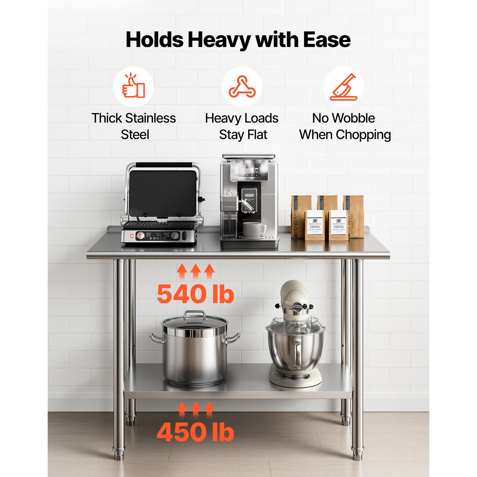 Stainless Steel Work Table, 24x48 Inch Food Prep Table With Backsplash, Commercial Kitchen Workstation With Adjustable Undershelf, Metal Heavy Duty Utility Worktable, For Restaurant Home Outdoor - Image 4