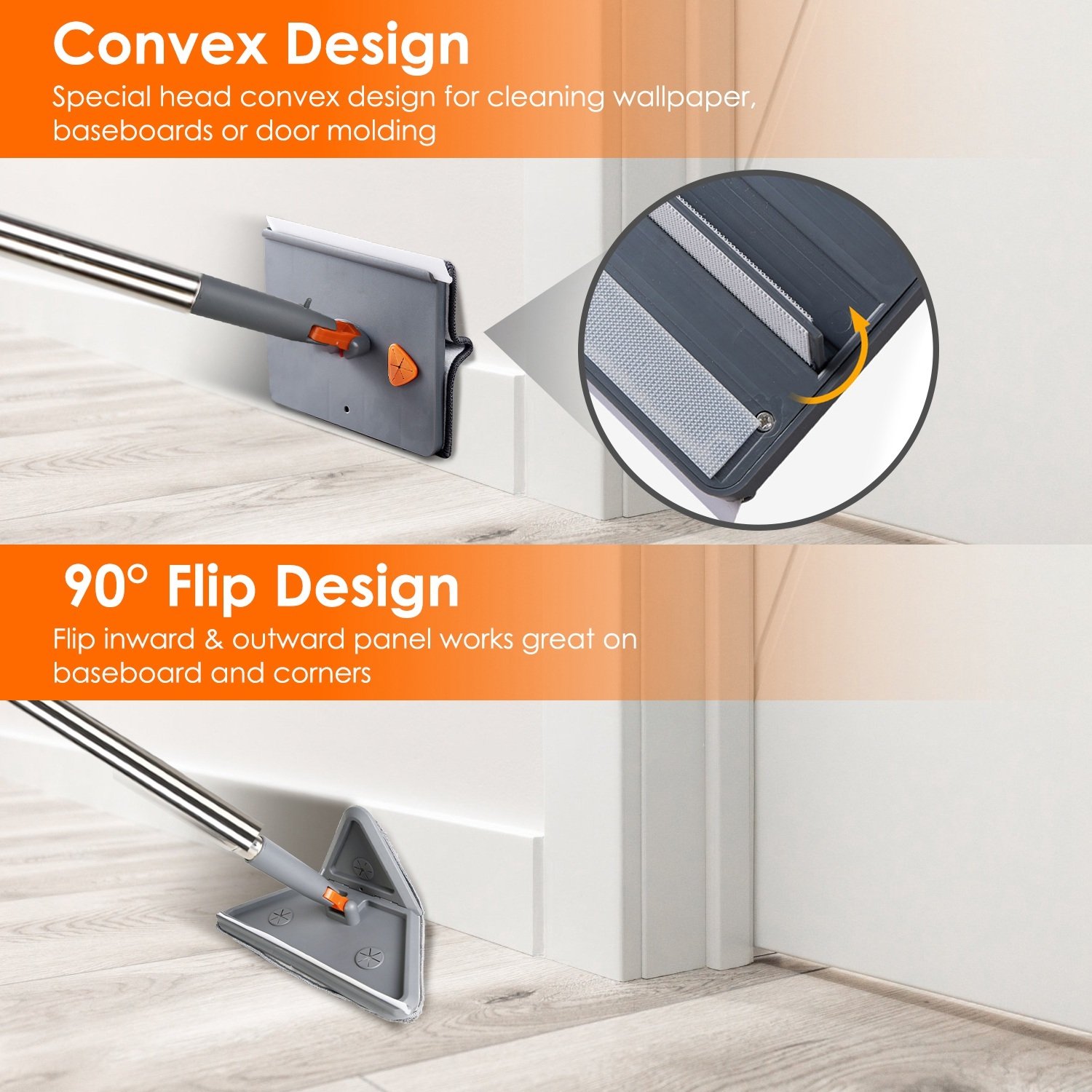 1Set 2 In 1 Baseboard Cleaner Mop Wall Cleaner Mop With Squeegee Extendable Long Handle 8 Reusable Fiber Flannel Chenille Mop Pads 360 Rotatable Convex Design Baseboard Mop For Wall Ceiling Window - Image 10