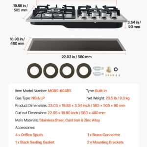 24 Inch Gas Cooktop 4 Burners Gas Stove Top, Max 27000BTU Built-in Stainless Steel Stove Top LPG/NG Convertible Dual Fuel Cooktop Stoves With Thermocouple Protection For Kitchen Apartment Rvs - Image 6