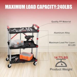 Foldable Utility Service Cart, 3 Shelf Heavy Duty Plastic Rolling Cart With Swivel Wheels 2 With Brakes, Ergonomic Handle, Portable Garage Tool Cart For Warehouse Office Home - Image 5