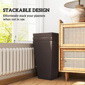 Set Of 3 Tall Planters With Drainage Hole, 24 Outdoor Flower Plant Pots, Indoor Planters For Porch, Front Door, Entryway, Patio And Deck, Brown - Image 8
