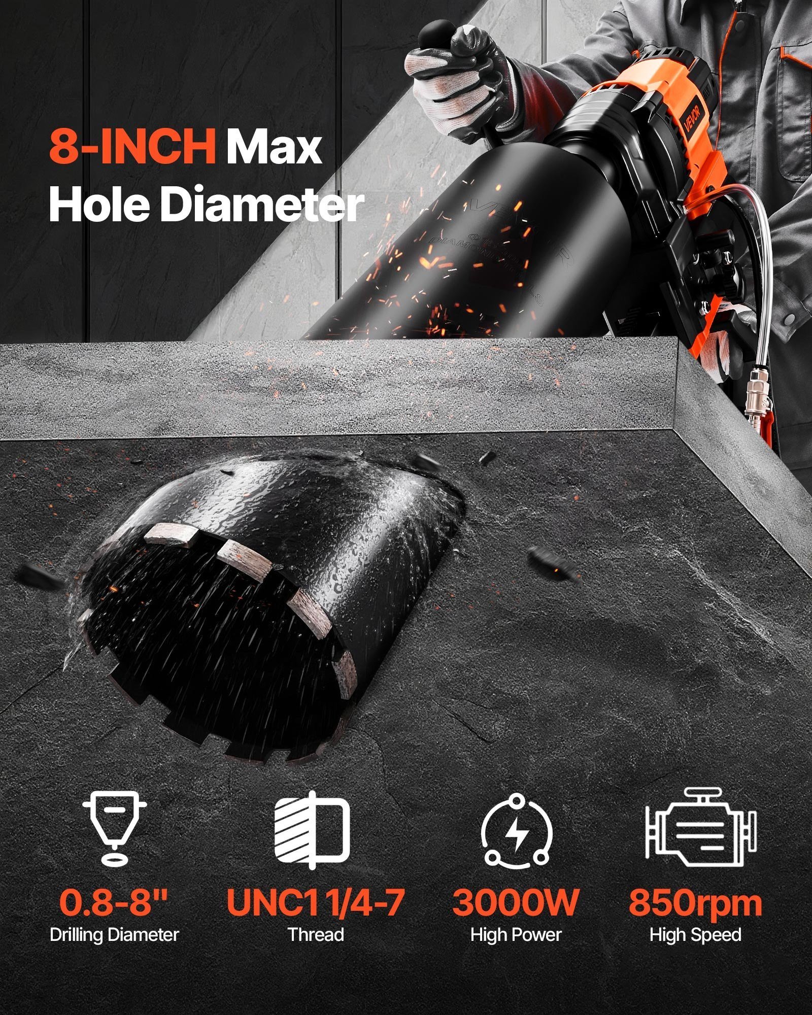 Diamond Core Drill Machine Concrete Core Drill Rig With Stand 8 In 3000W - Image 3