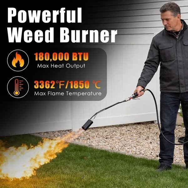 180,000 BTU Propane Weed Torch Heavy Duty Weed Burner Flame Weeder With 10FT Hose Piezo Ignition Adjustable Flame Control For Weeds Ice Snow Asphalt Fire Starting Propane Tank Not Included