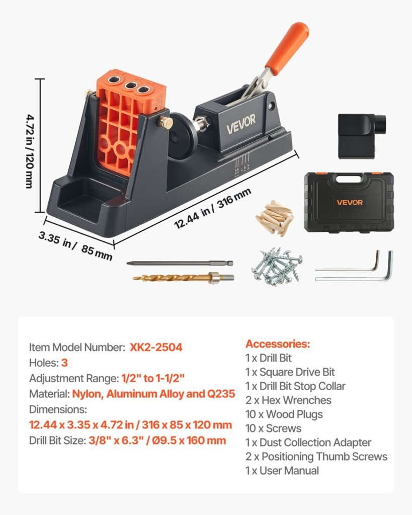Pocket Hole Jig Kit, 1/2" To 1-1/2" Adjustable, Lightweight Jig Pocket Hole System With Dust Collection Adapter, Detachable Guide Block, Drill Bit, Stop Collar, Easy Adjusting, For Woodworking