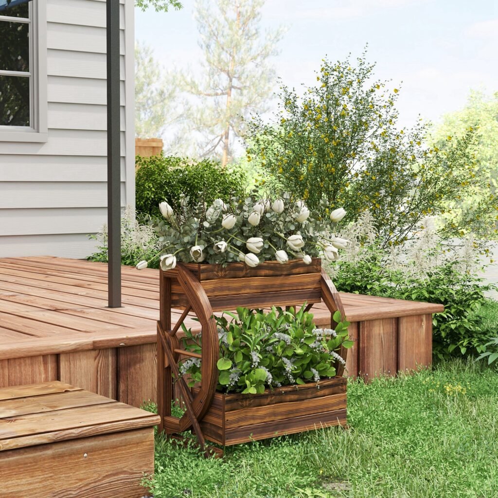 Wooden Wagon Planter Box, 2-Tier Raised Garden Bed, for Vegetables Flowers Herbs, 22" x 13" x 22"