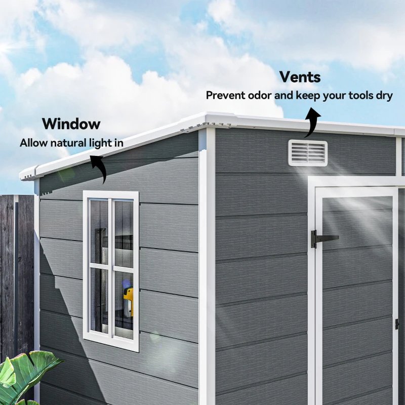 Plastic Outdoor Storage Shed With Floor, Window, Lockable Doors And Vents For Backyard Patio Lawn, Multiple Packages Shipped. Please Pay Attention To The Dimensions And Weight In The Details.