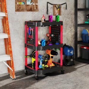 3-Tier Rolling Tool Cart, 200 LBS Capacity Plastic Utility Cart With Side Shelves For Garage, Workshop, Black And Red - Image 10