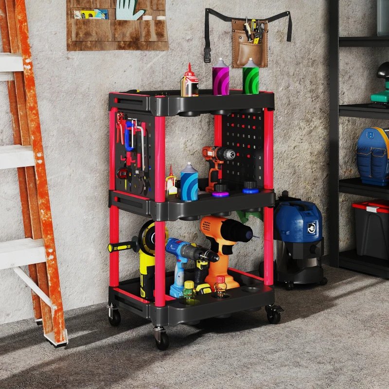 3-Tier Rolling Tool Cart, 200 LBS Capacity Plastic Utility Cart With Side Shelves For Garage, Workshop, Black And Red