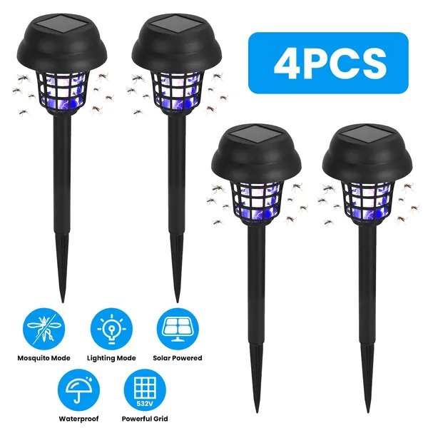 4 Pack Solar Powered Mosquito Zapper Outdoor Insect Killer Torch Waterproof Bug Zapper With UV Light White Light For Yard Garden Farm Patio