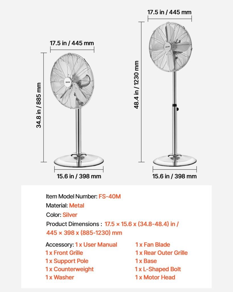 16-Inch High Velocity Pedestal Fan, 1450 CFM Industrial Standing Floor Fan With Handle, 75° Oscillating, 3-Speed Adjustable Height, Metal Made For Commercial, Garage, Workshop, Home, Silver