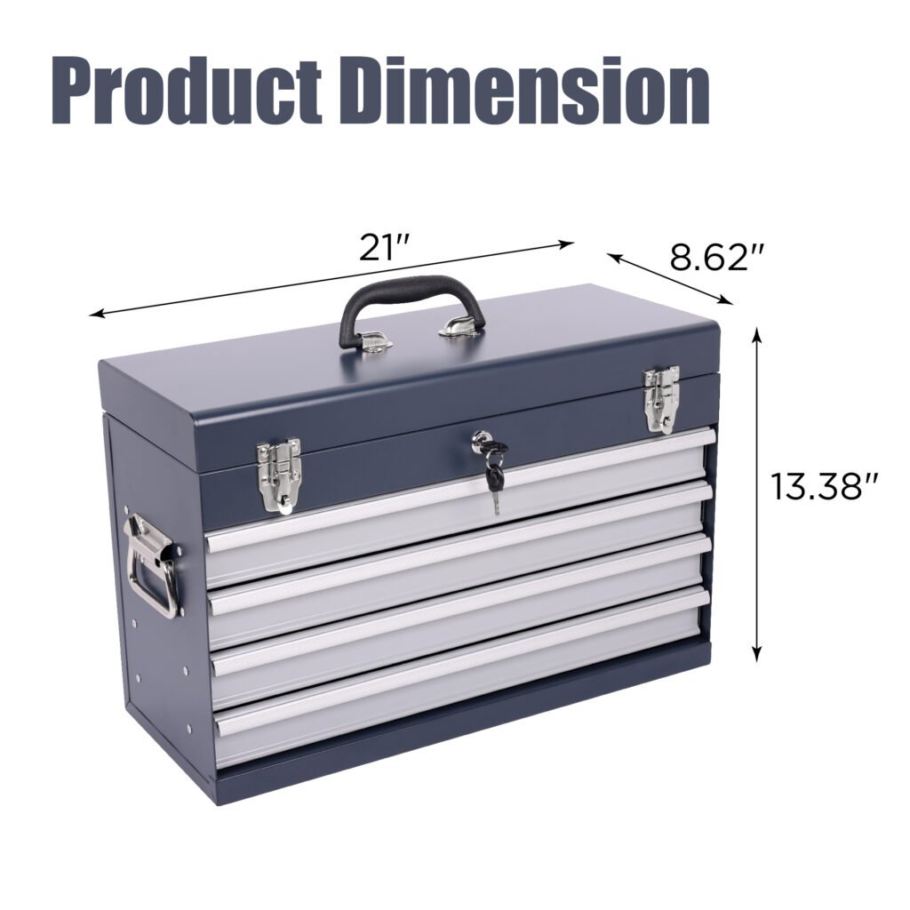 Heavy Duty Metal Tool Box, 21-inch, Portable Metal Tool Box With 4 Drawers, Small Tool Chest With EVA Liners, Ball Bearing Slide Drawers Locking & Powder Coated Finish, Multi-Function Tool Organizer