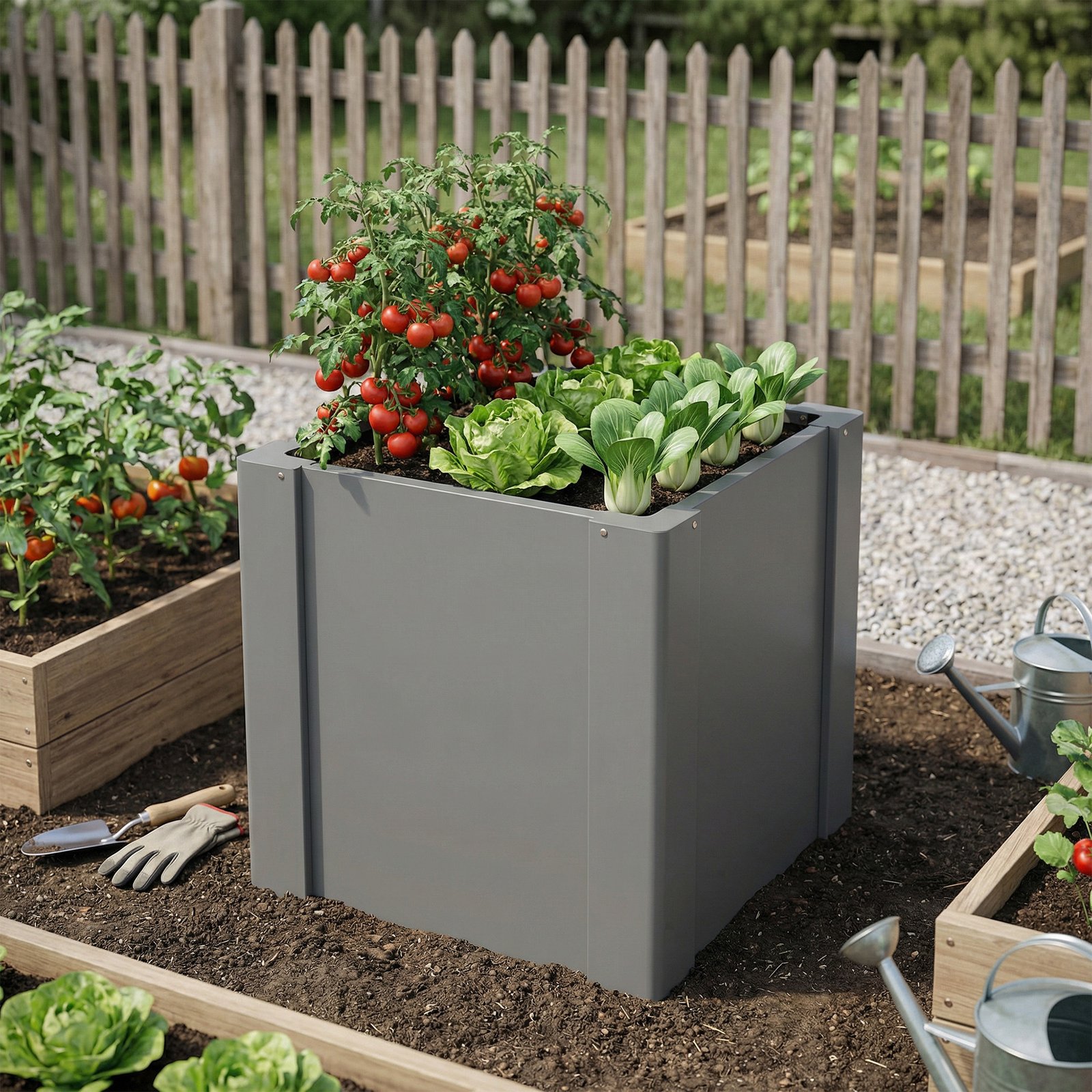 Raised Garden Bed Galvanized Planter Box Outdoor with Gloves for Gardening Vegetables, Flower, Herb, 1.4 x 1.4 x 1.5 ft, Gray - Image 4