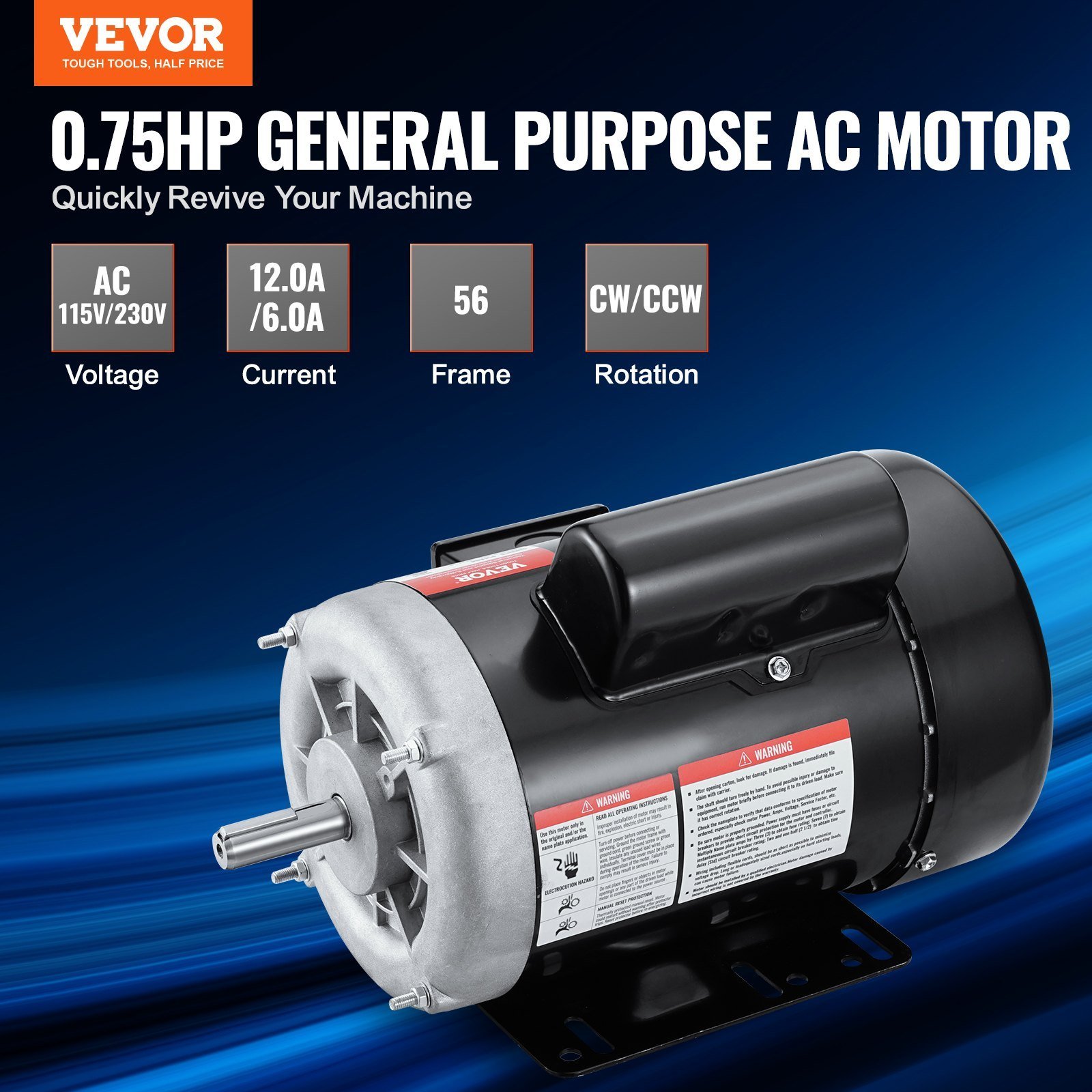 0.75HP Electric Motor 1725rpm, AC 115V/230V, 56 Frame, Air Compressor Motor Single Phase, 5/8' Keyed Shaft, CW/CCW Rotation For Agricultural Machinery And General Equipment - Image 4