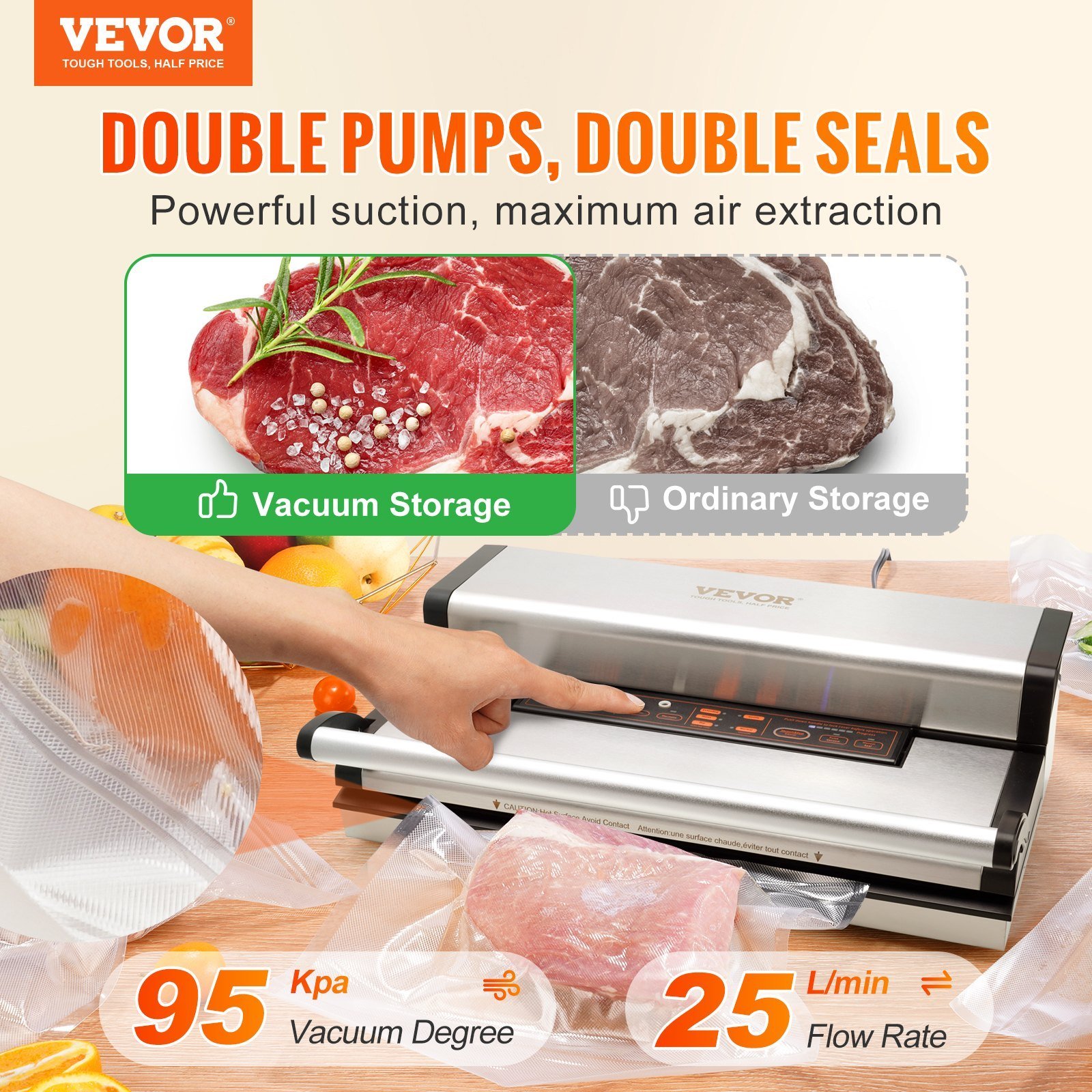 Vacuum Sealer Machine, 95Kpa 350W Powerful Dual Pump And Dual Sealing, Dry And Moist Food Storage, Automatic And Manual Air Sealing System With Built-in Cutter, With Seal Bag And External Hose - Image 3