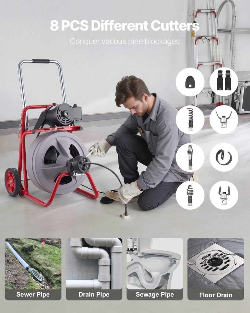 Drain Cleaner Machine 100 FT X 1/2 Inch, Auto Feed Sewer Snake Drain Auger On Wheels, Portable Drain Cleaning Machine With 8 Cutters & Air-Activated Foot Switch For 2" To 6" Pipes