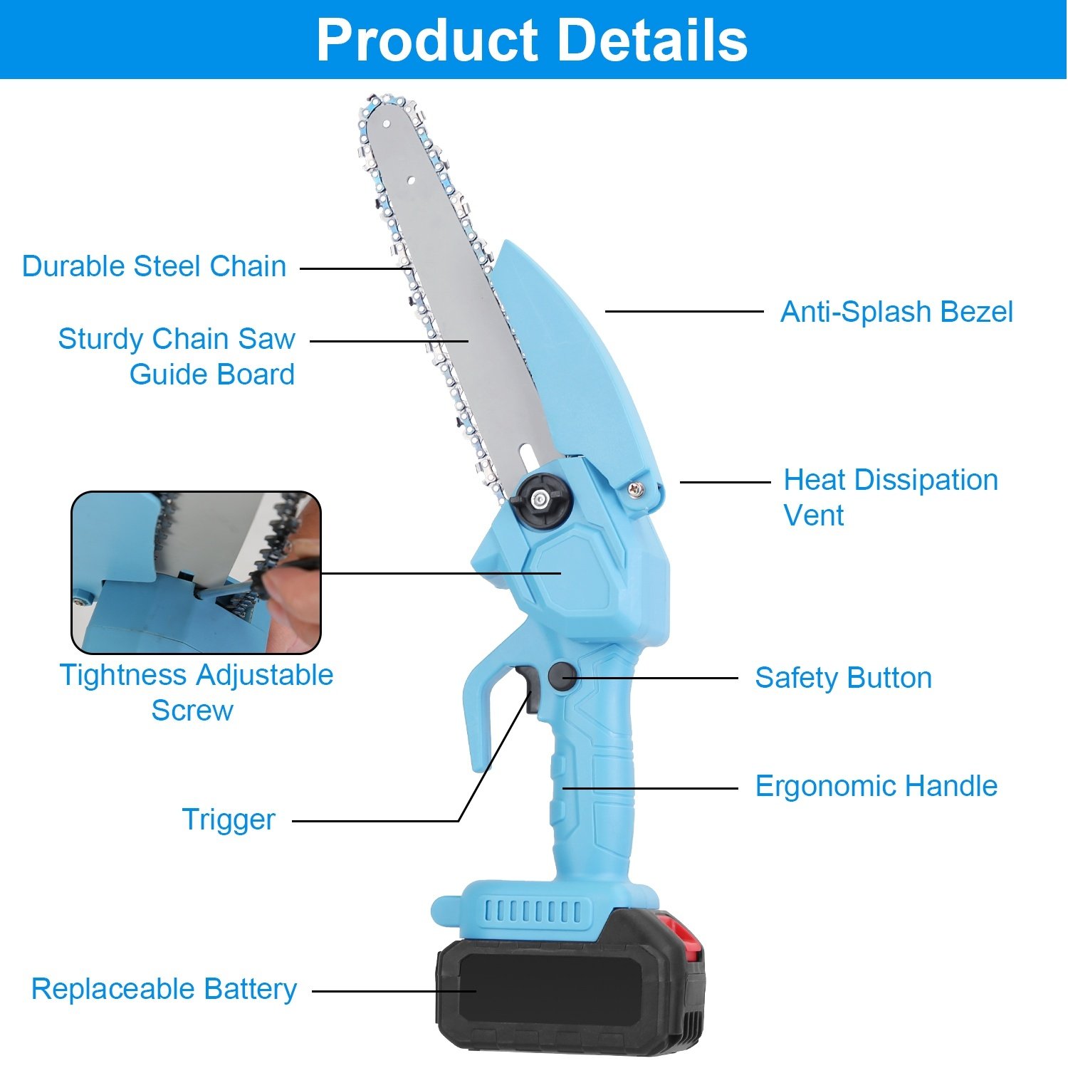 1Set Electric Mini Chainsaw Portable Handheld Cordless Small Chain Saw Battery Powered With 2Pcs 1200mAh Rechargeable Batteries 8in Chains Gloves Goggles For Pruning Trees Wood Cutting - Image 6