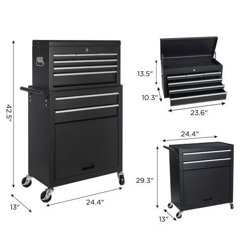 Tool Chest, 8-Drawer Rolling Tool Storage Cabinet With 2 In 1 Detachable Top Tool Box, Liner, Lockable Wheels, Side Hooks, Locking Mechanism, Metal Tool Cart For Garage