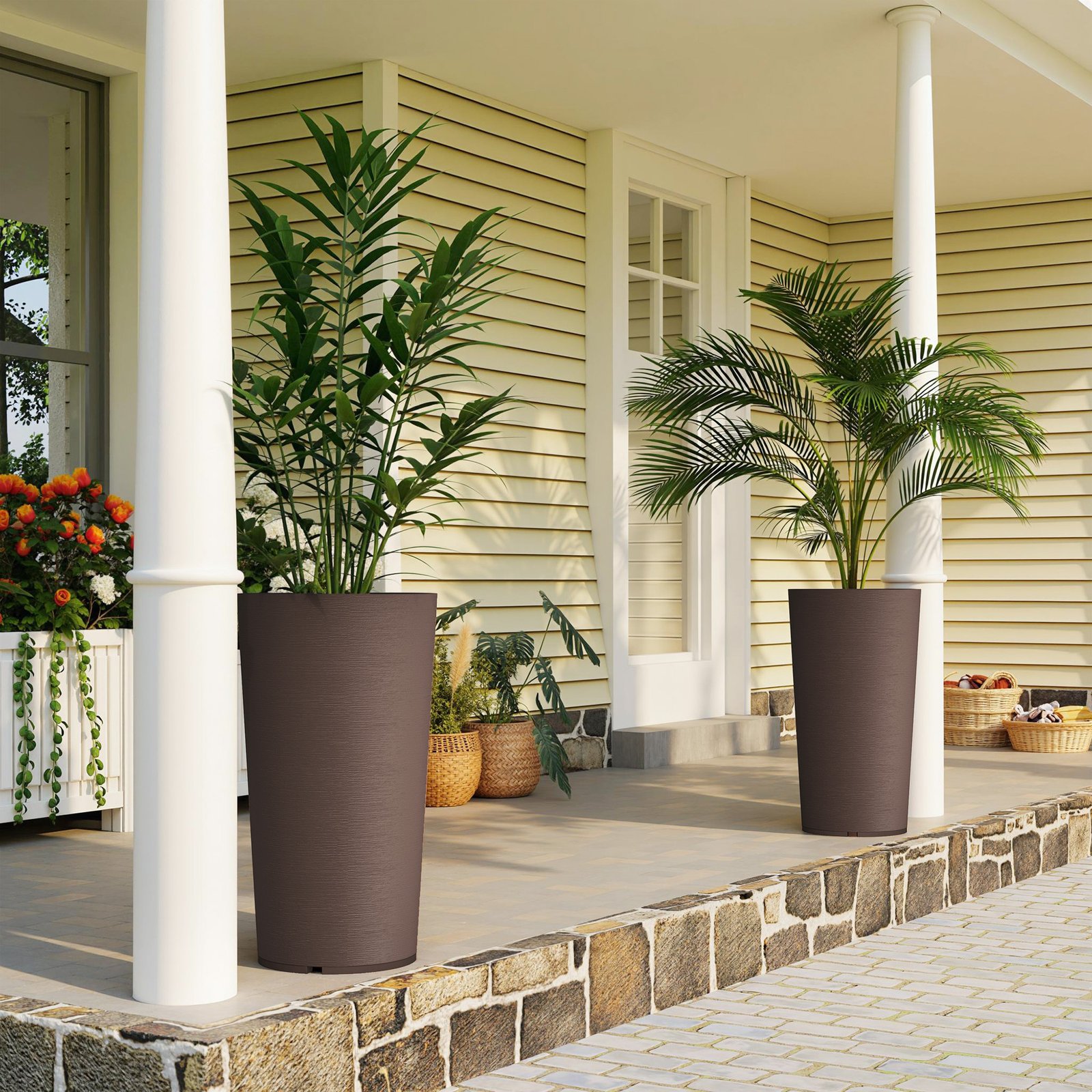 29 Inch Outdoor Planter, Set of 2 Plastic Flower Pots, Weather and UV Resistant Stackable Large Planters, Brown - Image 1