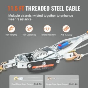 Come Along Winch, 5 Ton (11,023 Lbs) Pulling Capacity, 11.5 Ft Steel Cable, 3 Hooks, Heavy Duty Ratchet Power Puller Tool With Dual Gears, Automotive Hoist Cable Puller Ideal For Vehicle Rescue - Image 5