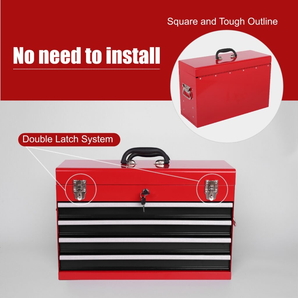 Heavy Duty Metal Tool Box, 21-inch, Portable Metal Tool Box With 4 Drawers, Small Tool Chest With EVA Liners, Ball Bearing Slide Drawers Locking & Powder Coated Finish, Multi-Function Tool Organizer