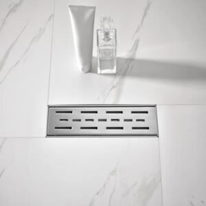 12 Inch Linear Shower Drain With Removable Brick Patterned Grate Cover, 304 Stainless Steel Shower Floor Drain With Hair Strainer And Leveling Feet - Image 5