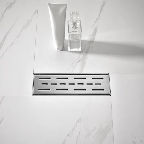 12 Inch Linear Shower Drain With Removable Brick Patterned Grate Cover, 304 Stainless Steel Shower Floor Drain With Hair Strainer And Leveling Feet