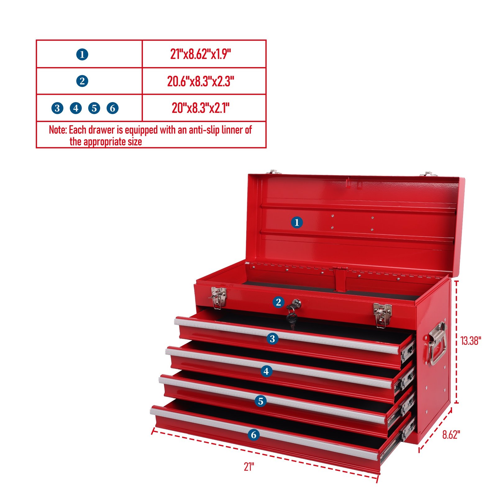 Heavy Duty Metal Tool Box, 21-inch, Portable Metal Tool Box With 4 Drawers, Small Tool Chest With EVA Liners, Ball Bearing Slide Drawers Locking & Powder Coated Finish, Multi-Function Tool Organizer - Image 8