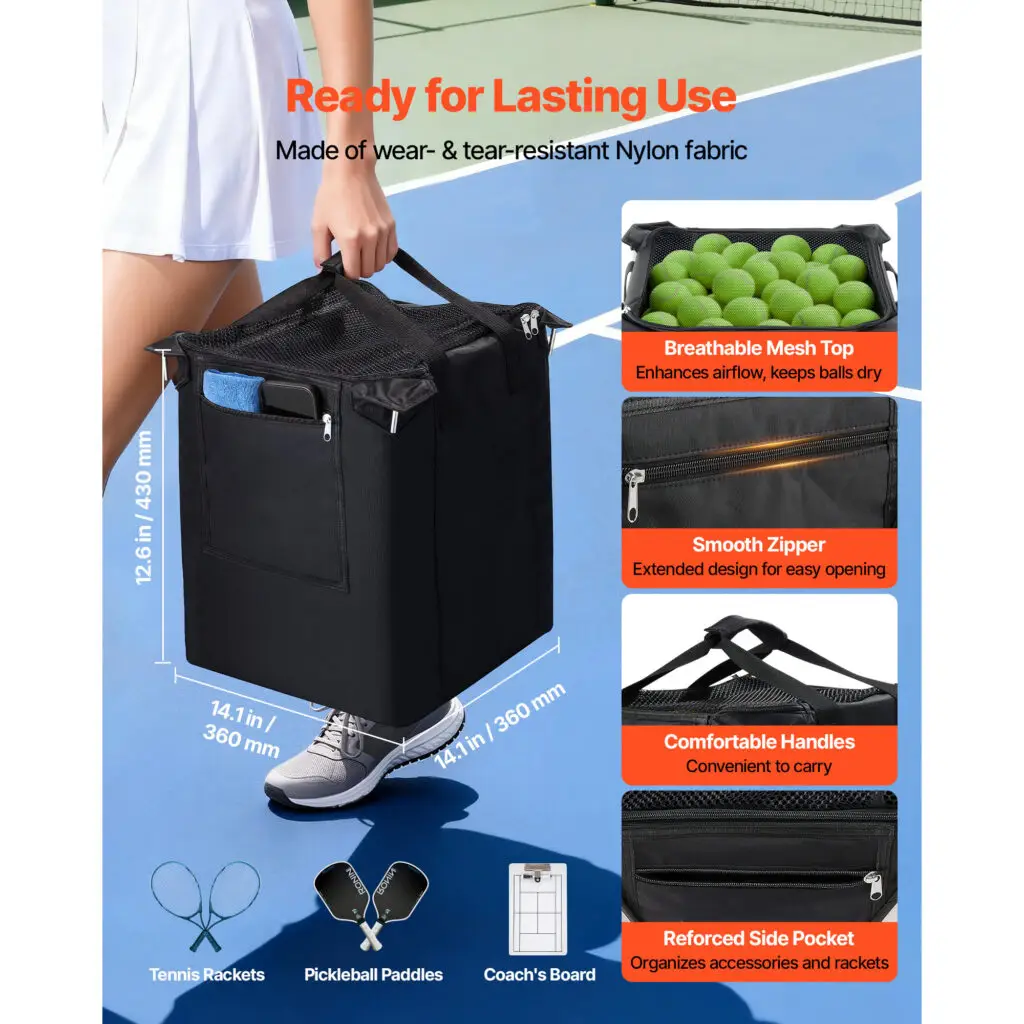 Tennis Ball Hopper, Holds 200 Tennis Balls, Foldable Pickleball Basket Cart With Wheels For Easy Pick Up, Stainless Steel Portable Pickleball Cart Caddy With Storage Bag, For Training Teaching