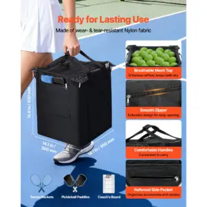 Tennis Ball Hopper, Holds 200 Tennis Balls, Foldable Pickleball Basket Cart With Wheels For Easy Pick Up, Stainless Steel Portable Pickleball Cart Caddy With Storage Bag, For Training Teaching - Image 4