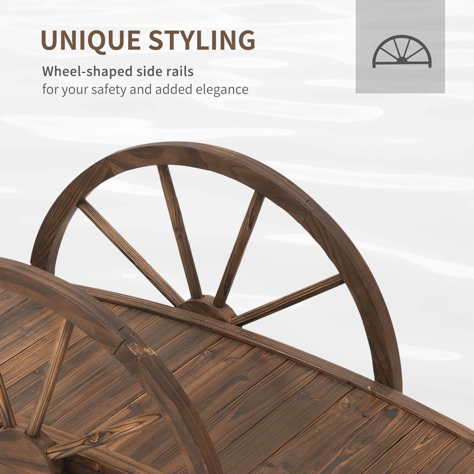 3.3ft Wooden Garden Bridge Arc Footbridge with Half-Wheel Style Railings & Solid Fir Construction, Stained Wood - Image 6