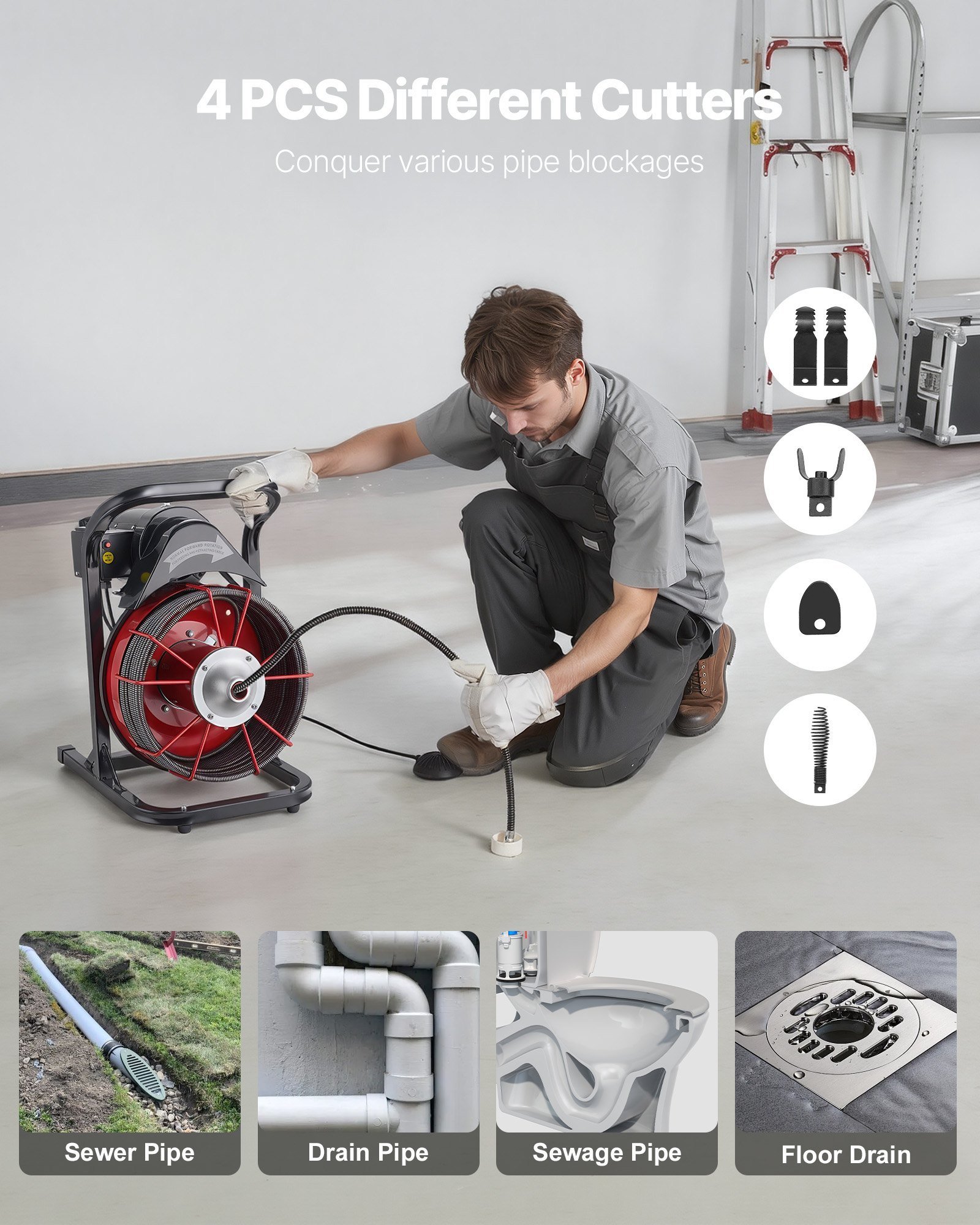 Drain Cleaner Machine 75 FT X 3/8 Inch, Sewer Snake Auger Manual Feed With 4 Cutters & Air-activated Foot Switch For 2" To 4" Pipes - Image 2