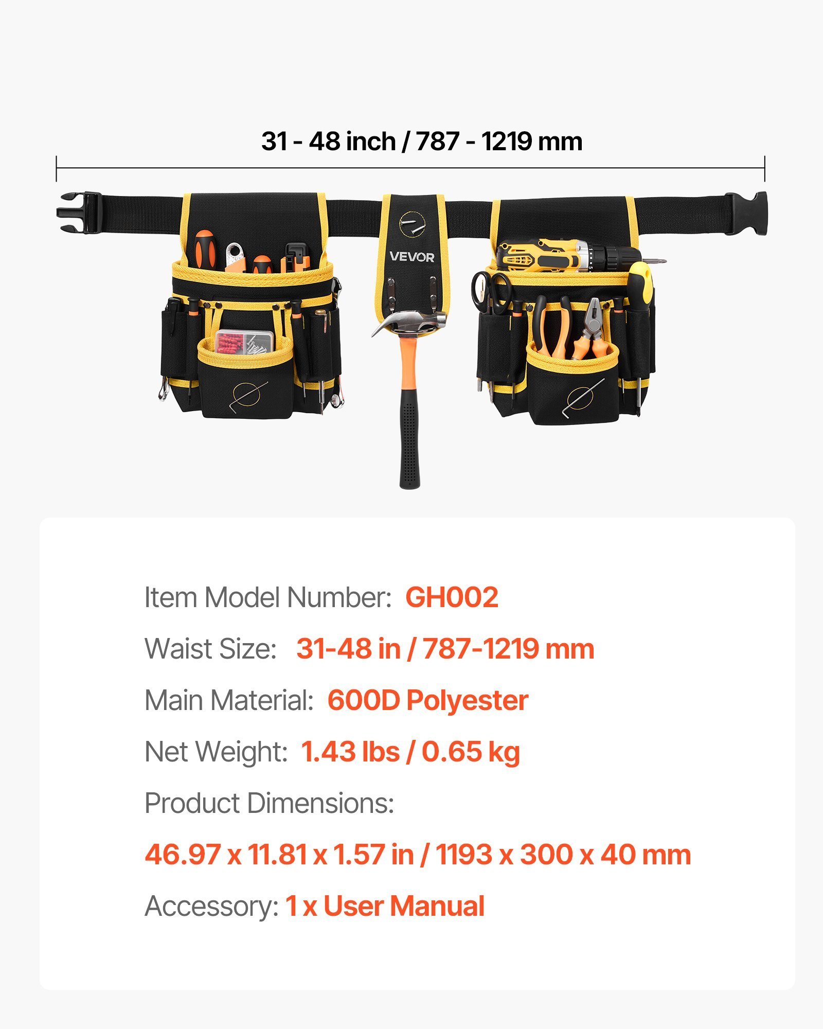 Tool Belt, Magnetic Tool Pouch For Men, 28 Pockets Heavy Duty Adjustable Utility Belt Detachable Work Bag For Electrician, Carpenter, Construction, Work Apron Organizer, Waist Adjust 31 To 48in - Image 6