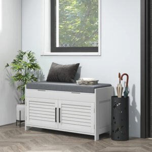 Shoe Storage Bench, Modern Entryway Bench With Cushion, Hidden Compartments, Adjustable Shelves, Shutter Doors, White - Image 7