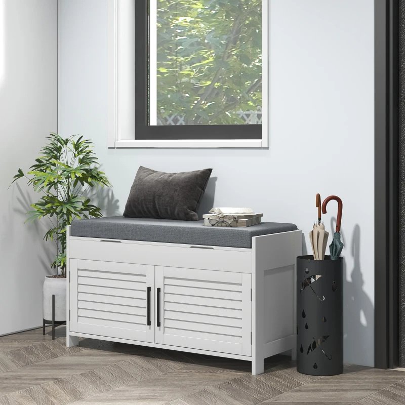Shoe Storage Bench, Modern Entryway Bench With Cushion, Hidden Compartments, Adjustable Shelves, Shutter Doors, White