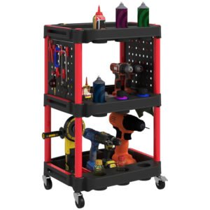 3-Tier Rolling Tool Cart, 200 LBS Capacity Plastic Utility Cart With Side Shelves For Garage, Workshop, Black And Red - Image 9