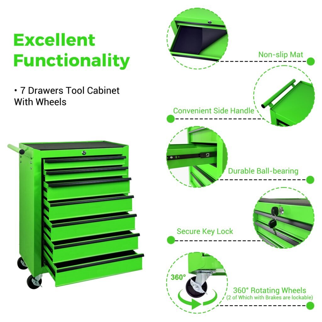 7-Drawer Rolling Tool Storage Cabinet With Detachable Top Tool Box, Universal Lockable Wheels, Adjustable Shelf, Locking Mechanism, Metal Tool Cart For Garage Workshop,Leaf Bright Green