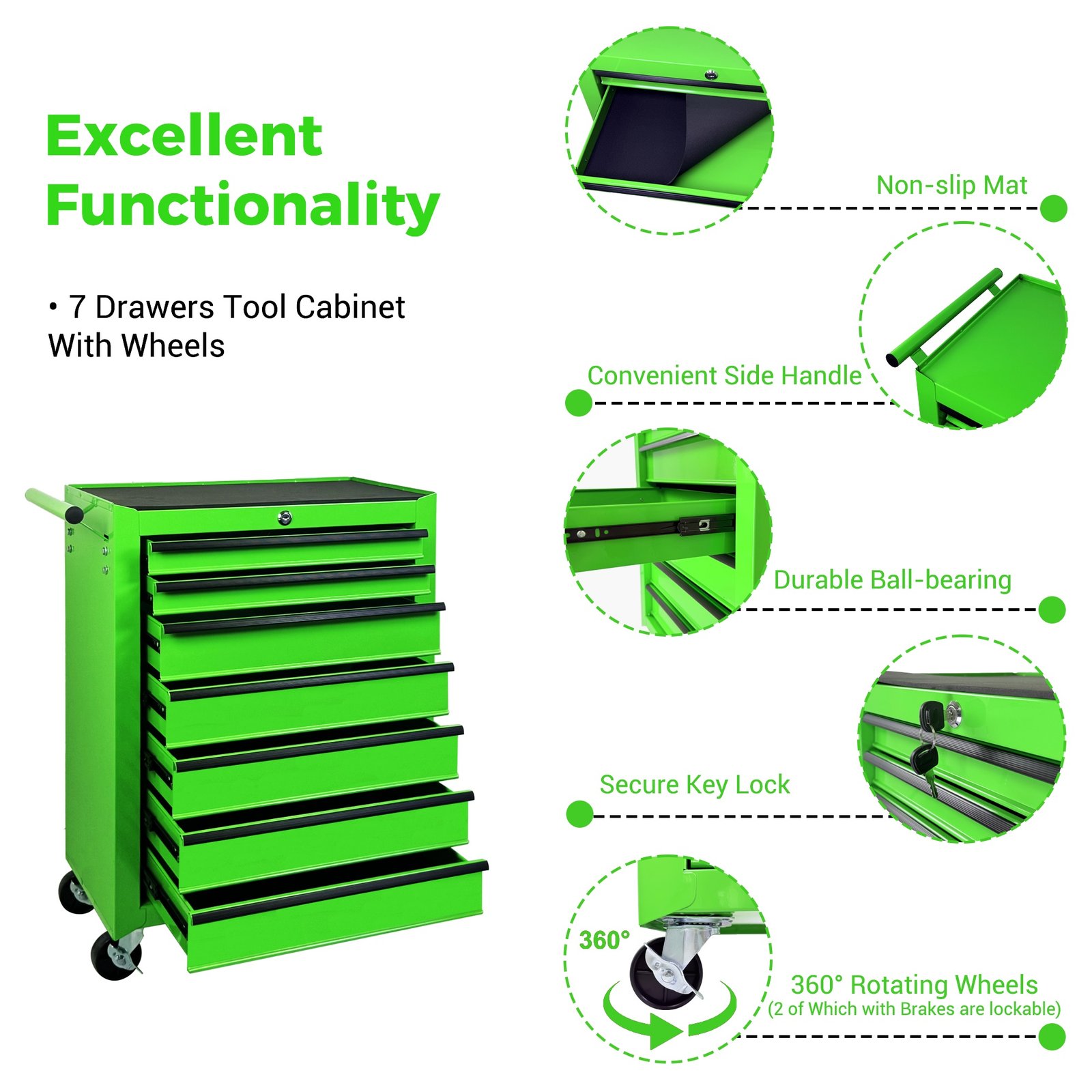 7-Drawer Rolling Tool Storage Cabinet With Detachable Top Tool Box, Universal Lockable Wheels, Adjustable Shelf, Locking Mechanism, Metal Tool Cart For Garage Workshop,Leaf Bright Green - Image 3