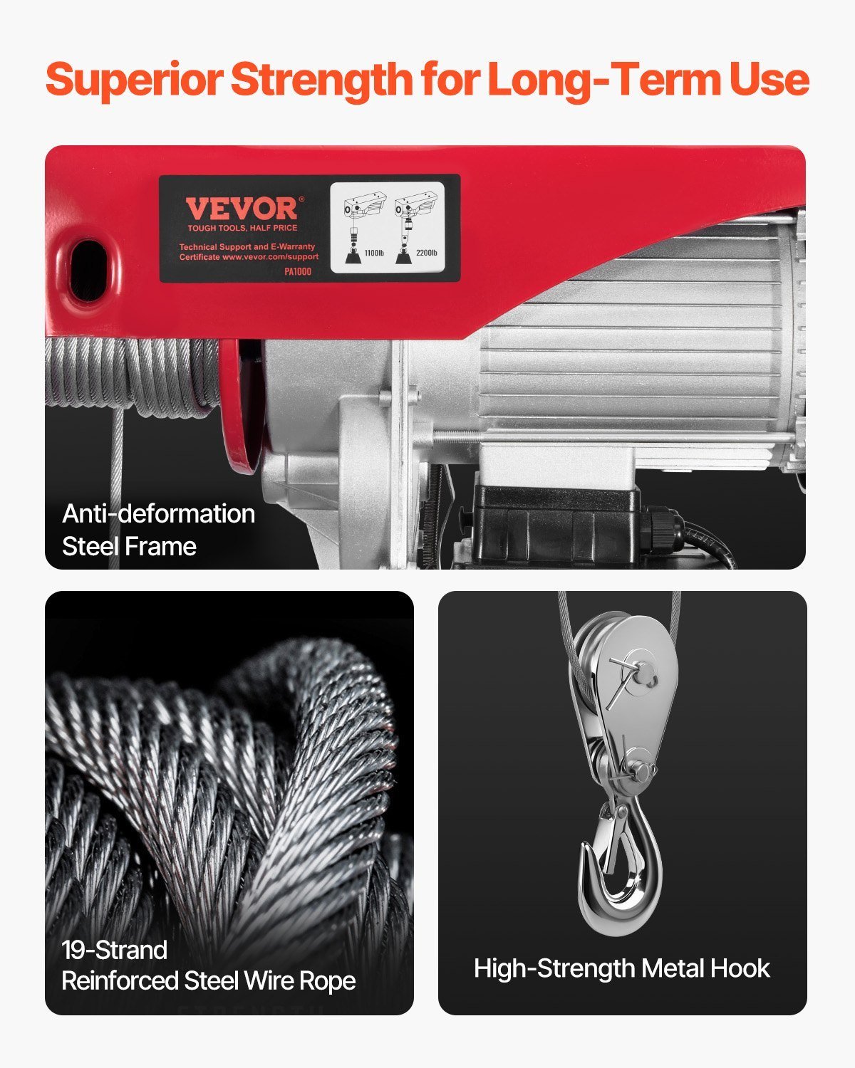 Electric Hoist Crane Winch 2200 Lbs 328 Ft Wireless & 14 Ft Wired Remote - Image 2