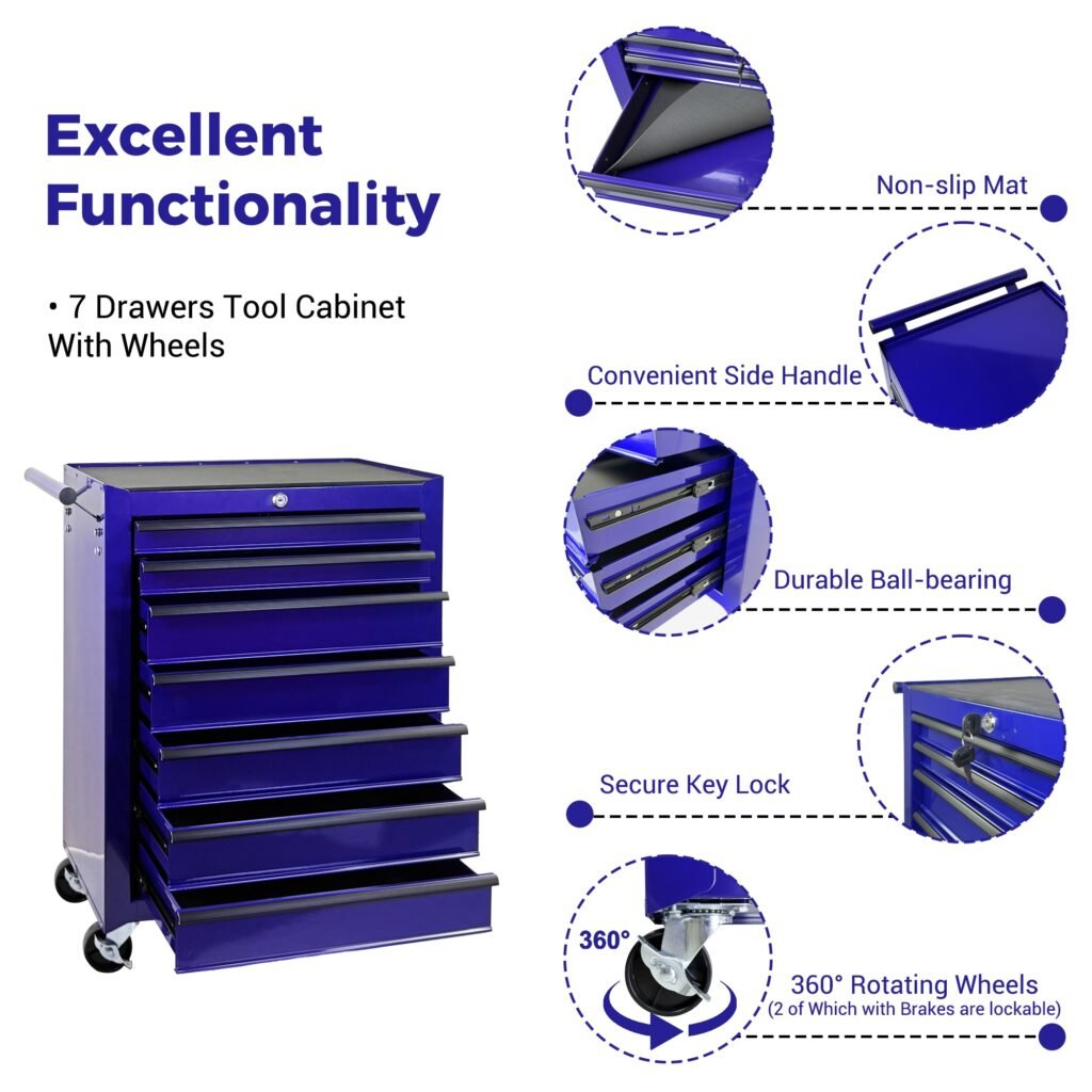 7-Drawer Rolling Tool Storage Cabinet With Detachable Top Tool Box, Universal Lockable Wheels, Adjustable Shelf, Locking Mechanism, Metal Tool Cart For Garage Workshop,Amethyst Charm Purple