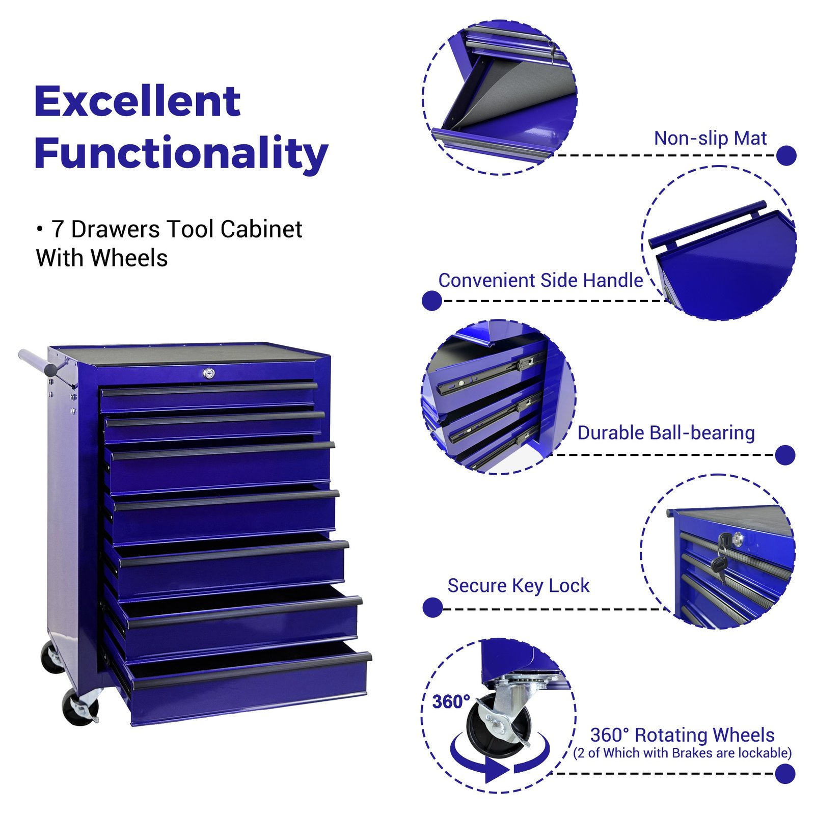 7-Drawer Rolling Tool Storage Cabinet With Detachable Top Tool Box, Universal Lockable Wheels, Adjustable Shelf, Locking Mechanism, Metal Tool Cart For Garage Workshop,Amethyst Charm Purple - Image 5