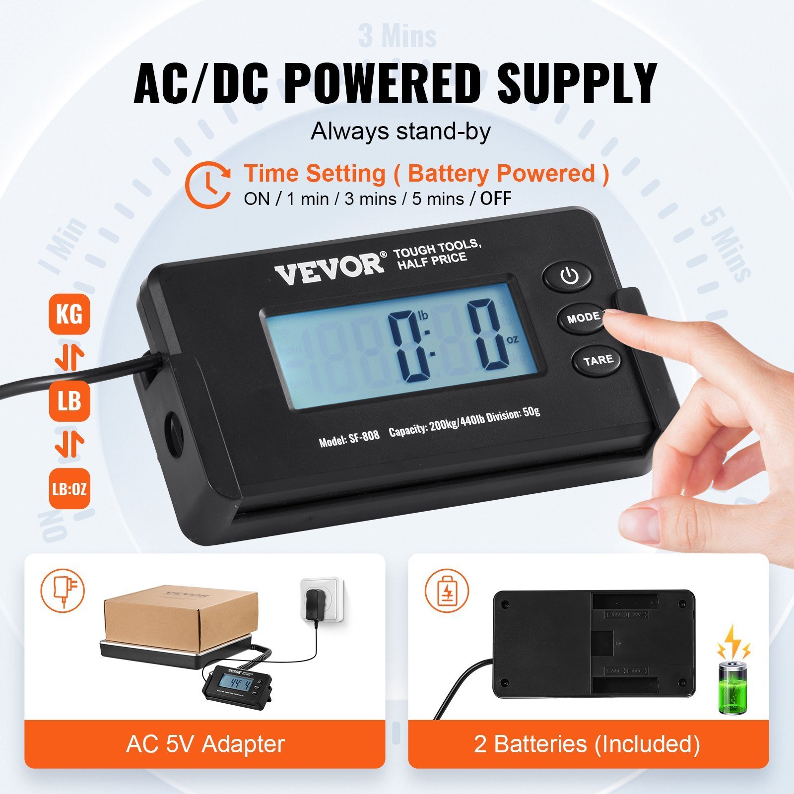 Digital Shipping Scale, 440 Lbs X 1.7 Oz. Heavy Duty Postal Scale With Timer, Tare Function, HD LCD Screen Portable Package Scale For Luggage, Home, Post Office, AC/DC Powered, FCC Listed - Image 4
