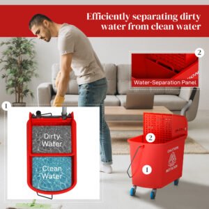 Compact Mop Bucket with Wringer, Mop Bucket on Wheels for Floor Cleaning, 21 Quart, Separate Dirty and Clean Water, Red - Image 3