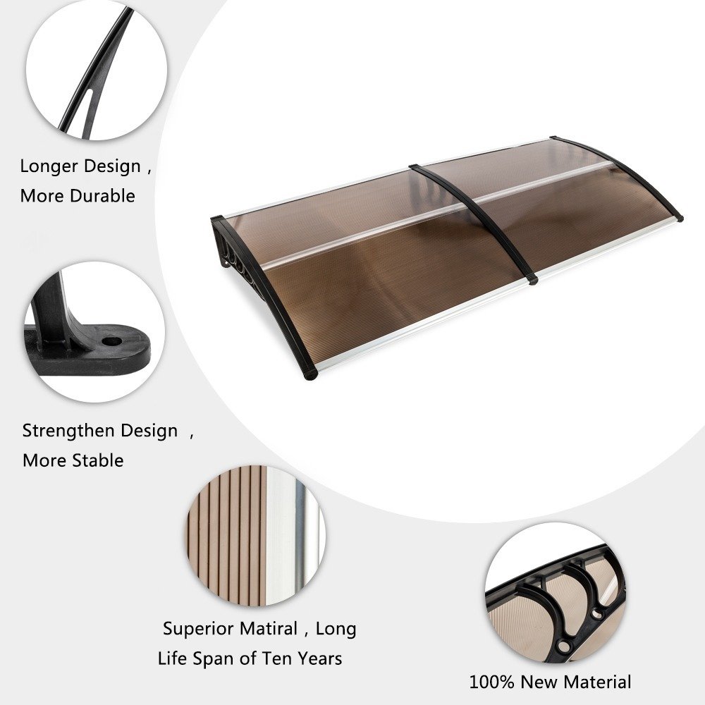 80x38in Door Window Awning With Brown Polycarbonate Panel & Black Bracket, Outdoor Rain Snow Sun Shade Cover, Durable 10-Year Lifespan, Easy Install