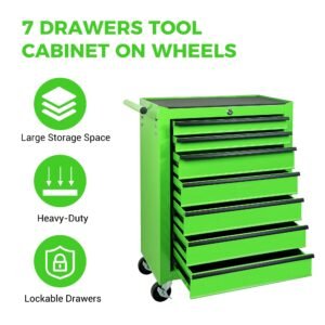 7-Drawer Rolling Tool Storage Cabinet With Detachable Top Tool Box, Universal Lockable Wheels, Adjustable Shelf, Locking Mechanism, Metal Tool Cart For Garage Workshop,Leaf Bright Green - Image 6