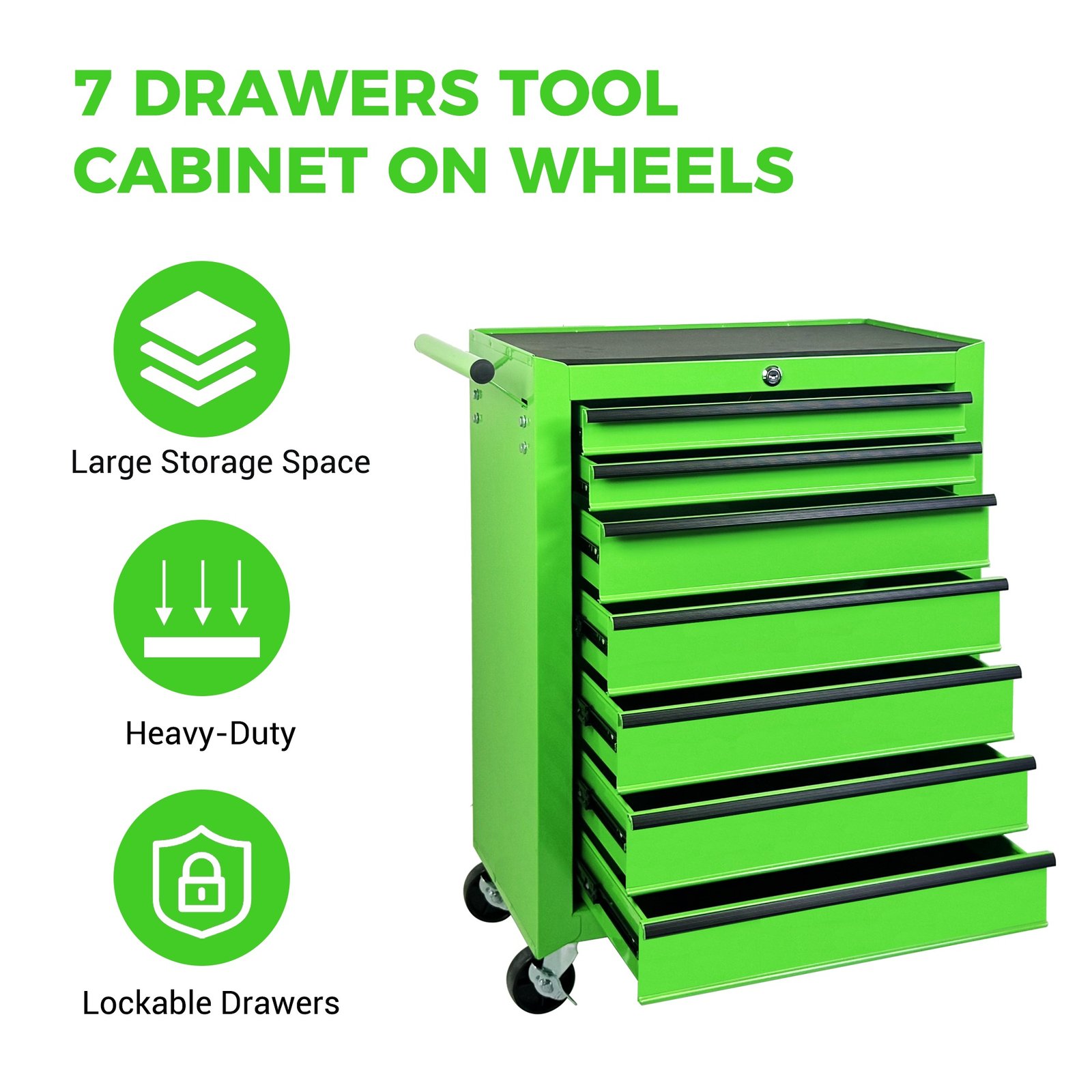7-Drawer Rolling Tool Storage Cabinet With Detachable Top Tool Box, Universal Lockable Wheels, Adjustable Shelf, Locking Mechanism, Metal Tool Cart For Garage Workshop,Leaf Bright Green - Image 6