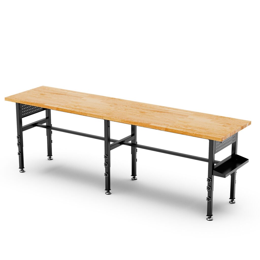 96in Adjustable Workbench With Side Pegboard, Solid Wood Top, 2000 Lbs Capacity, Adjustable Height Garage Work Table With Power Outlet, Storage Box, Wheels Or Leveling Feet