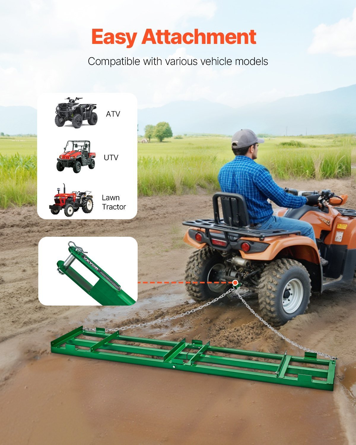 Drag Harrow 8 Ft Heavy Duty Tow Behind Drag Harrow Driveway Grader Rake - Image 5
